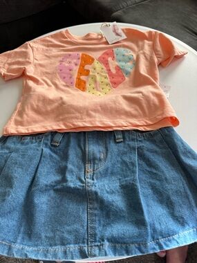 Jessica Simpson Peach Tee and Denim Skirt Matching Set - Multicolor Heart Detail